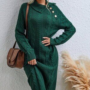 Dark Green Casual Women's Cable Knit Sweater Dress